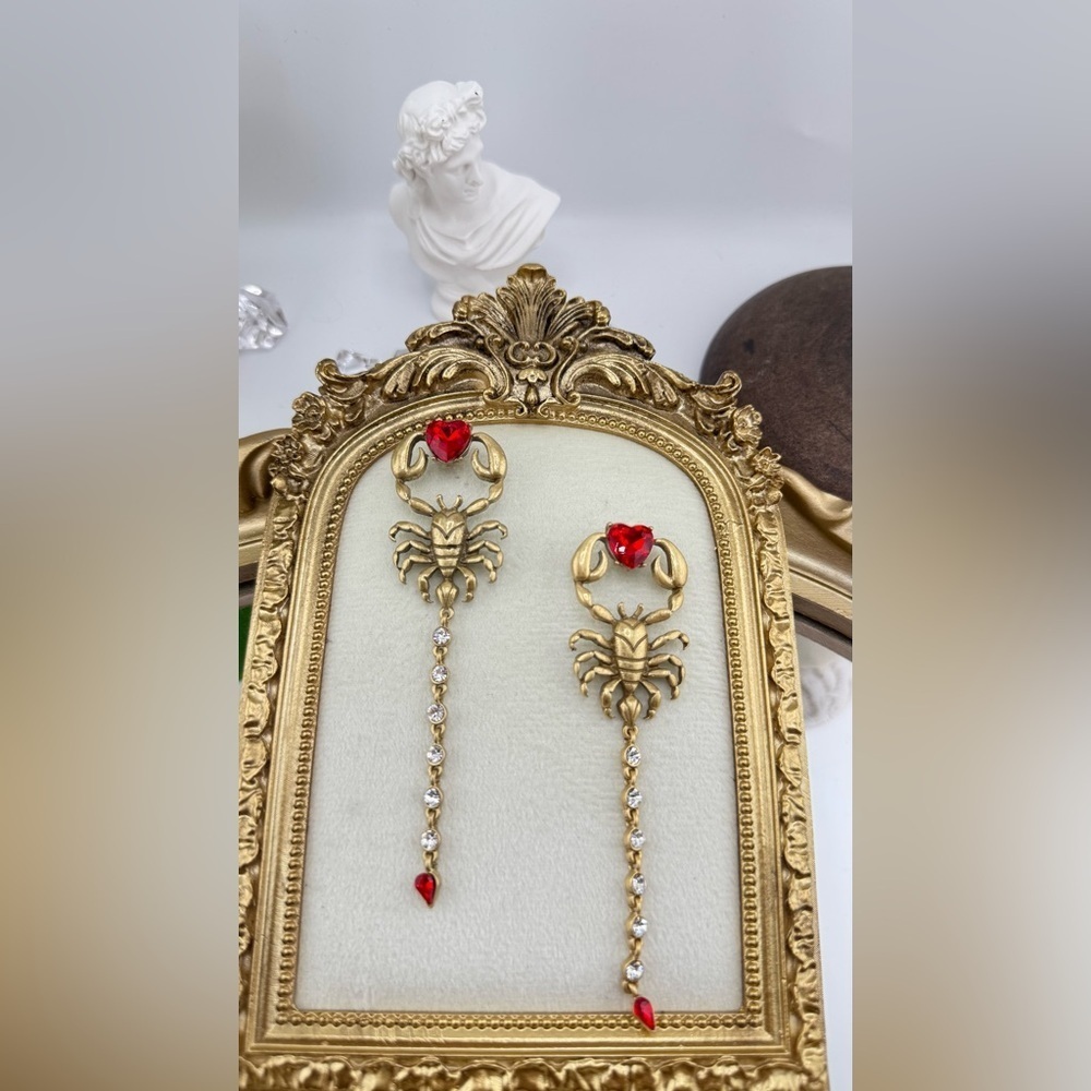 Gothic Scorpion Drop Earrings | Red Crystal Heart & Rhinestone Tail - Picture 7 of 12